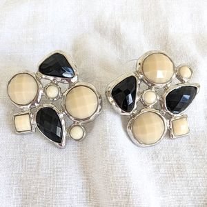 Statement Black and White Faceted Acrylic Cabachon Pierced Earrings 80'S 90'S